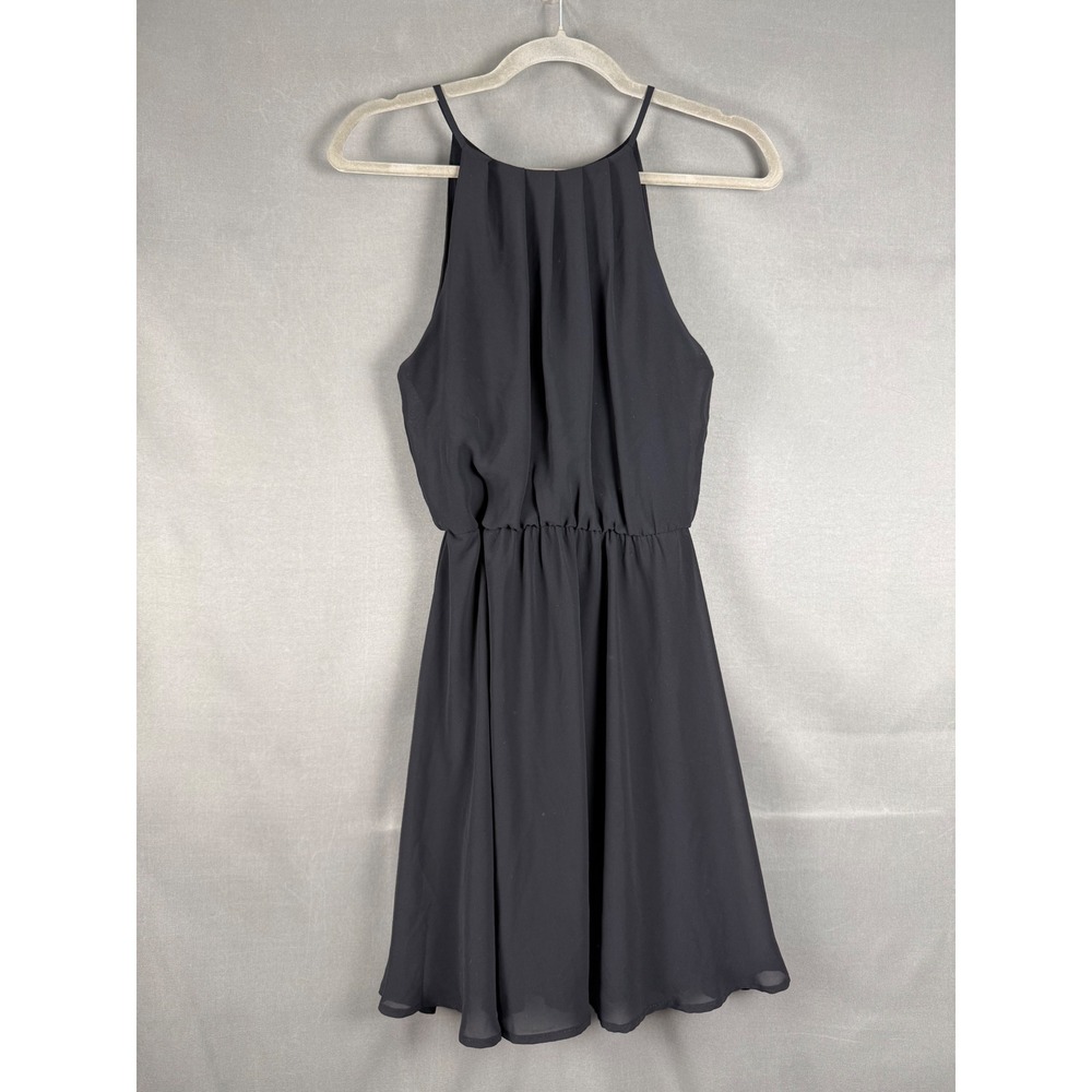 Lush Halter Mini Dress Womens Small Black Pleated Elastic Waist Chiffon LBD